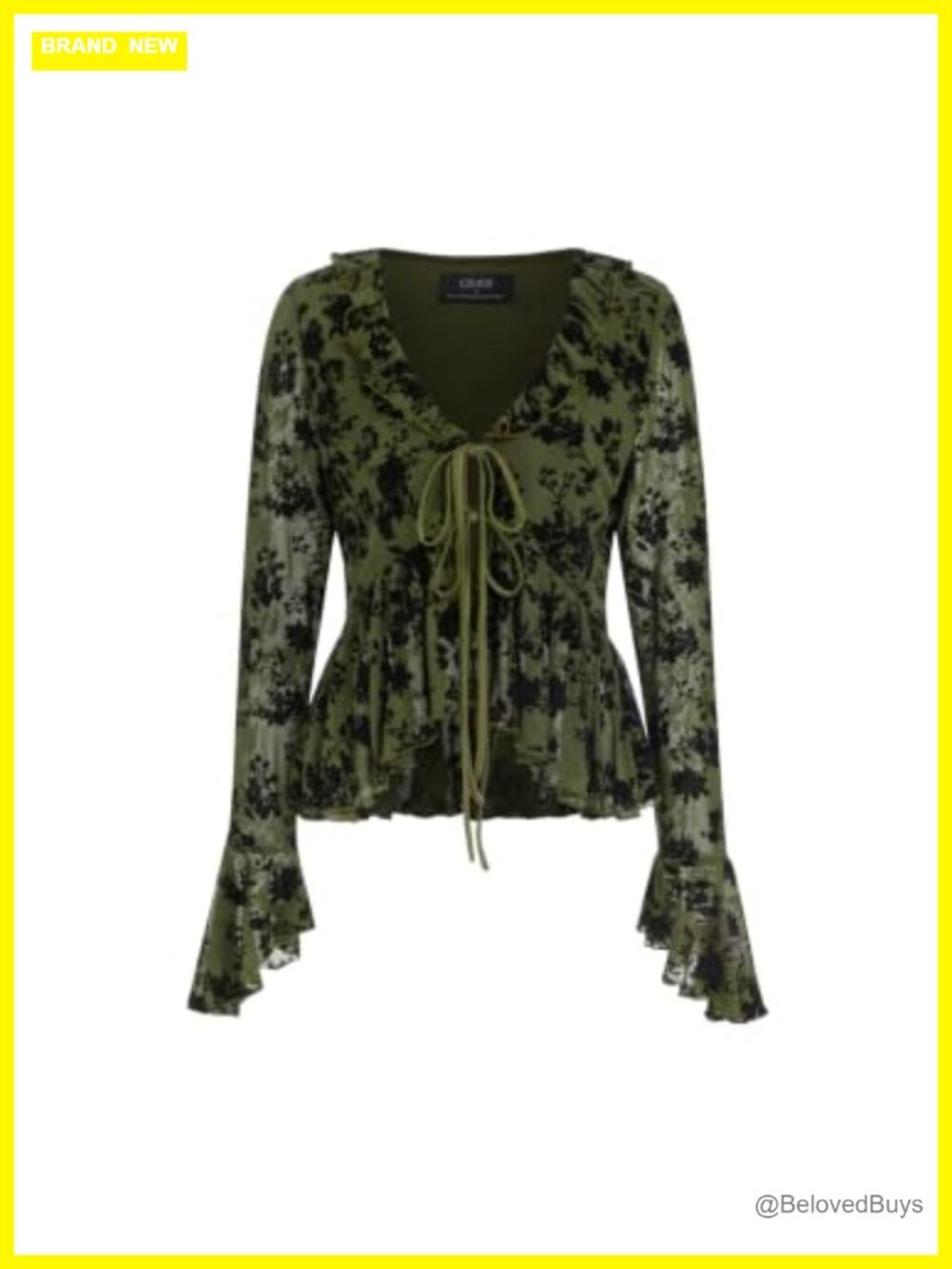 Tie Front Floral Mesh V Neck Bell Sleeve Blouse